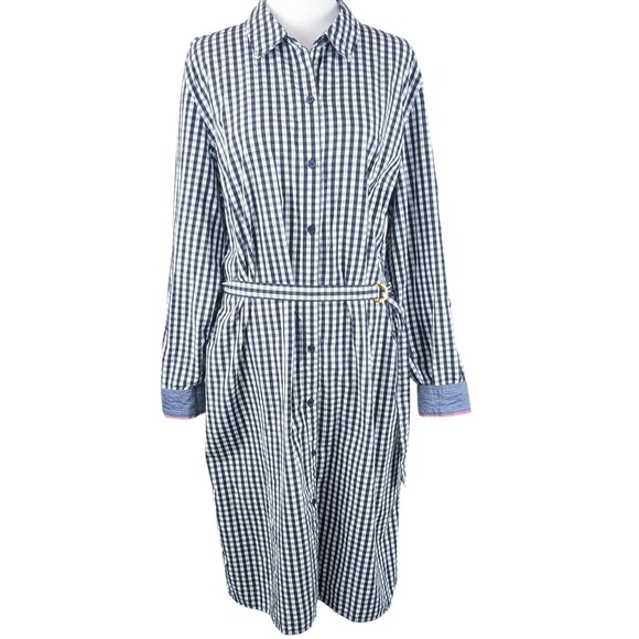 Gingham Midi Shirt Dress Large Navy White Flip Cuff 100% Cotton Country Cottage‎ - Picture 2 of 10